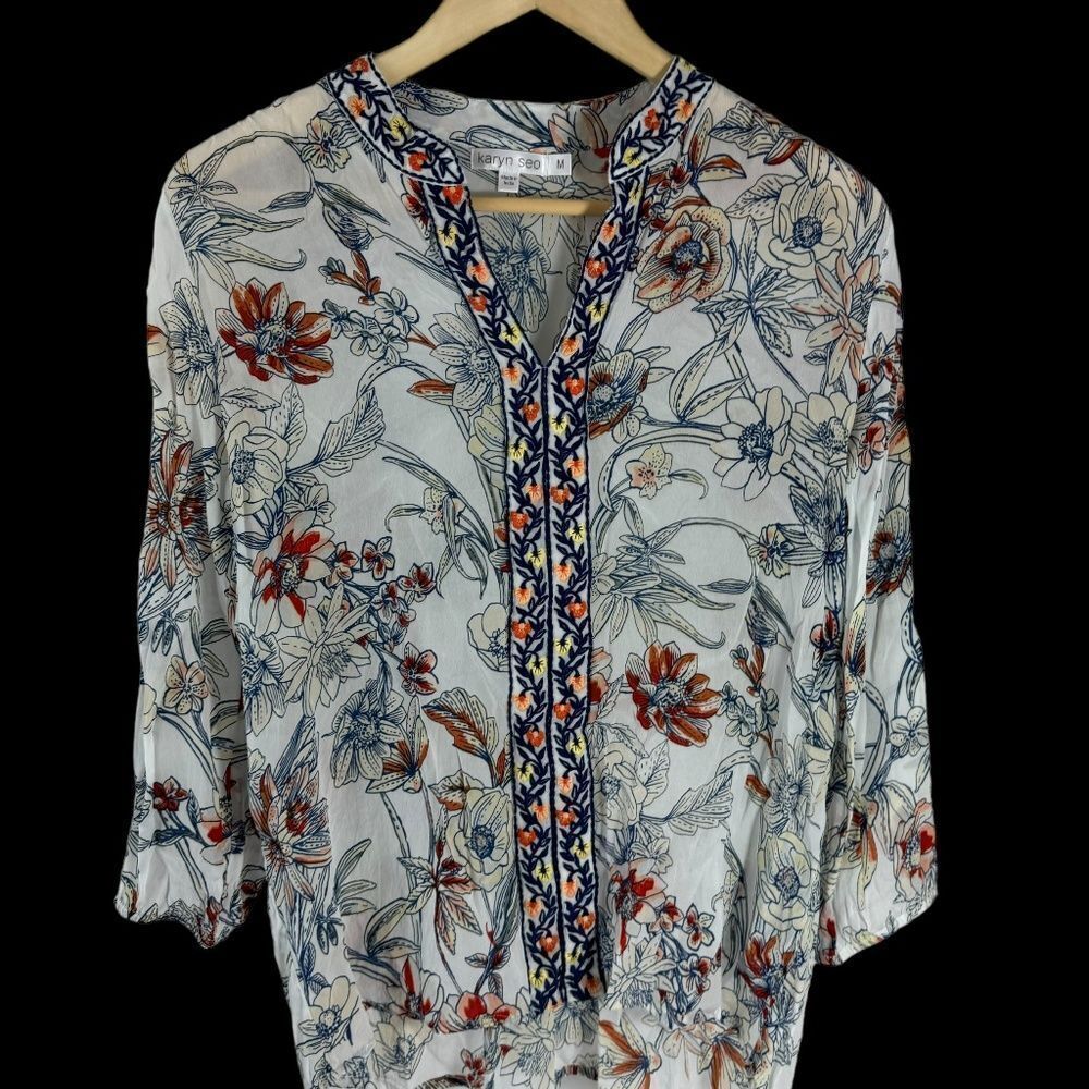 Karen Seo White‎ Abstract Floral Embroidered Trim Tunic Top Sz M